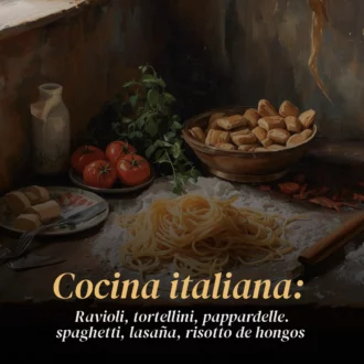 Cocina italiana: ravioli, tortellini, pappardelle. spaghetti, lasaña, risotto de hongos